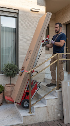 צוות מפעיל את הזחל הרובוטי בכניסה לבניין ללא מעלית